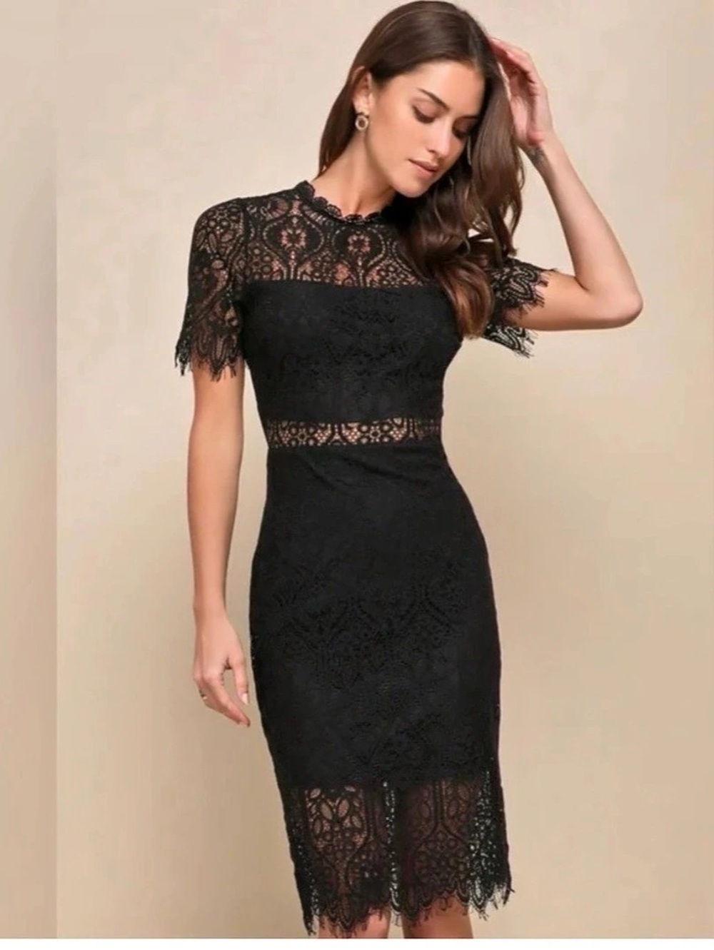 Lulus Fancy Evening Black Lace Short Sleeve Backless Midi Dress